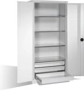 C+P Schwerlastschrank mit Drehtüren, 4 Böden und 3 Schübe, H1950xB930xT500mm Front Lichtgrau Korpus Lichtgrau