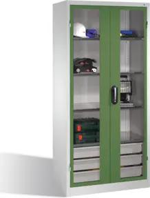 C+P Werkzeugschrank, Sichtfenster-Drehtüren, 4 Böden, 3 Schübe, H1950xB930xT500mm Front Resedagrün Korpus Lichtgrau
