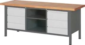 STIER Höhenverstellbare Werkbank Premium mit 6 Schubladen und einem offenen Fach BxTxH 2000x700x840-1040mm