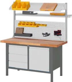 STIER Höhenverstellbare Werkbank mit Aufbau Premium mit 3 Schubladen und 1 Flügeltür BxTxH 1500x700x840-1040mm