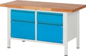 STIER Höhenverstellbare Werkbank Premium mit 2 Schubladen und 2 Flügeltüren BxTxH 1500x700x840-1040mm RAL 7035 / RAL 5012
