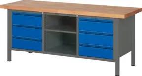 STIER Höhenverstellbare Werkbank Premium mit 6 Schubladen und einem offenen Fach BxTxH 2000x700x840-1040mm anthrazitmetall / RAL 5010