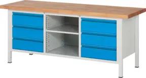 STIER Höhenverstellbare Werkbank Premium mit 6 Schubladen und einem offenen Fach BxTxH 2000x700x840-1040mm RAL 7035 / RAL 5012