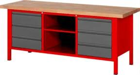 STIER Höhenverstellbare Werkbank Premium mit 6 Schubladen und einem offenen Fach BxTxH 2000x700x840-1040mm RAL 3000 / anthrazitmetallic