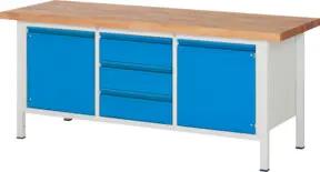 STIER Höhenverstellbare Werkbank Premium mit 3 Schubladen und 2 Flügeltüren BxTxH 2000x700x840-1040mm RAL 7035 / RAL 5012
