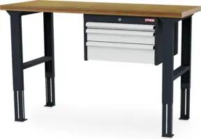 STIER Höhenverstellbare Werkbank mit 1x50, 1x100, 1x150 mm Schubladen BxTxH 1500x600x760-1060 mm RAL 7016 / RAL 7035