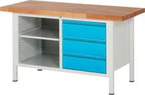 STIER Höhenverstellbare Werkbank Premium mit 3 Schubladen und einem offenen Fach BxTxH 1500x700x840-1040mm RAL 7035 / RAL 5012