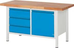 STIER Höhenverstellbare Werkbank Premium mit 3 Schubladen und 1 Flügeltür BxTxH 1500x700x840-1040mm RAL 7035 / RAL 5012