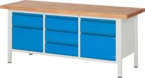 STIER Höhenverstellbare Werkbank Premium mit 5 Schubladen und 2 Flügeltüren BxTxH 2000x700x840-1040mm RAL 7035 / RAL 5012