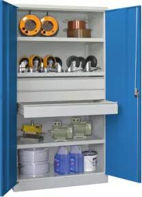 Pavoy Schwerlastschrank, 3 Fachböden a 200 kg, 3 Schubladen a 125 mm, Ral 7035/5012