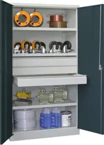 Pavoy Schwerlastschrank, 3 Fachböden a 200 kg, 3 Schubladen a 125 mm, Ral 7035/7016
