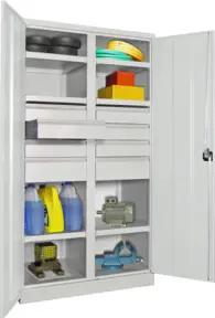 Pavoy Schwerlastschrank, Trennwand, 6 Fachböden a 200 kg, 8 Schubladen, RAL 7035