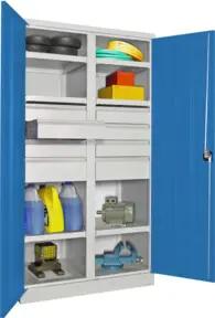 Pavoy Schwerlastschrank, Trennwand, 6 Fachböden a 200 kg, 8 Schubladen, RAL 7035/5012