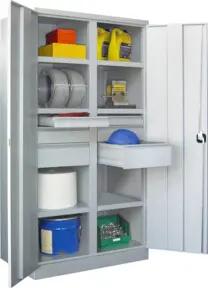 Pavoy Schwerlastschrank, Trennwand, 6 Fachböden a 200 kg, 6 Schubladen, RAL 7035