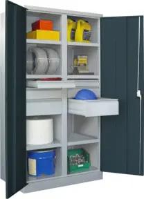 Pavoy Schwerlastschrank, Trennwand, 6 Fachböden a 200 kg, 6 Schubladen, RAL 7035/7016