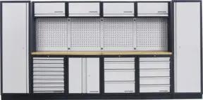 Kraftwerk 6-Element-Schrankwand mit Vierkantlochwand Länge 3920 mm Multiplex-Arbeitsplatte