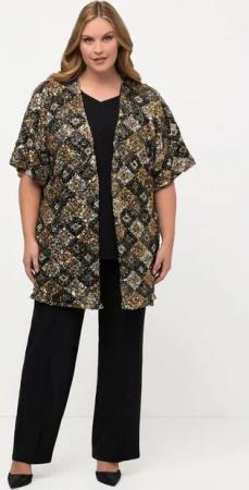 Ulla Popken Kimono Kimono-Jacke Metallic-Pailletten Oversized Halbarm, Langform, Materialmix