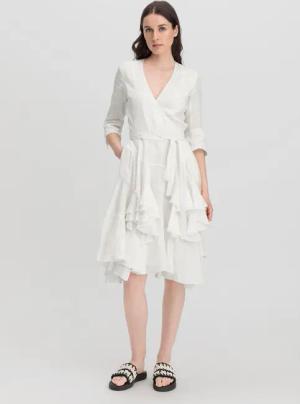hessnatur Damen WUNDERKIND × hessnatur Wrap Kleid Regular aus Leinen - weiß - Größe 38