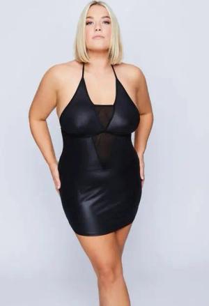 Ulla Popken Nachthemd Negligé + String 2-tlg Set. Mesh-Einsatz Wetlook
