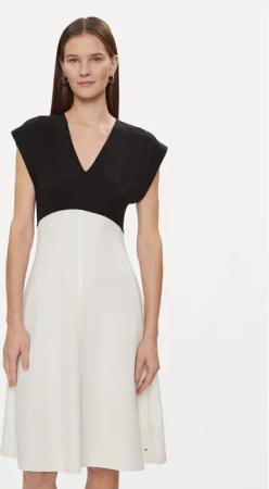 Tommy Hilfiger Coctailkleid Shiny Interlock V-Nk Ns Knee Drs WW0WW40731 Écru Slim Fit