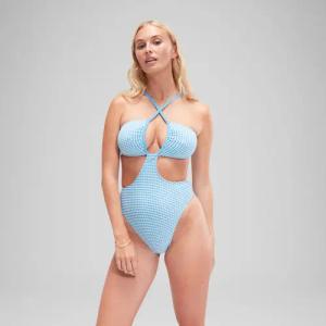 Blauer FLU3NTE Vichy-Badeanzug mit Cut-Out