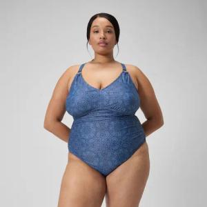 Damen Shaping-Badeanzug mit Print und V-Ausschnitt (+) Marineblau/Blau