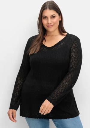 Sheego Pullover aus Ajourstrick, in leichter A-Linie, schwarz, Gr.48/50