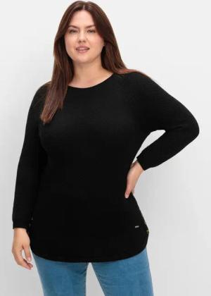 Sheego Pullover im Strukturstrick, mit Zierknöpfen seitlich, schwarz, Gr.40