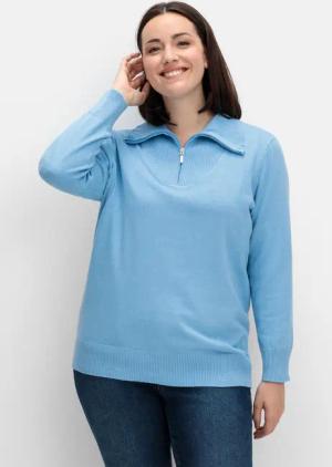 Sheego Pullover mit Troyerkragen und Reißverschluss, himmelblau, Gr.50