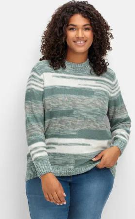 Sheego Pullover mit Stehkragen und Blockstreifen, türkis meliert, Gr.48