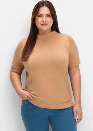 Sheego Pullover mit Halbarm und Stehkragen, camelfarben, Gr.48