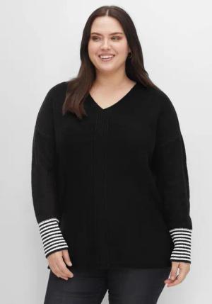 Sheego Pullover mit geringeltem Ärmelbündchen, schwarz, Gr.44/46