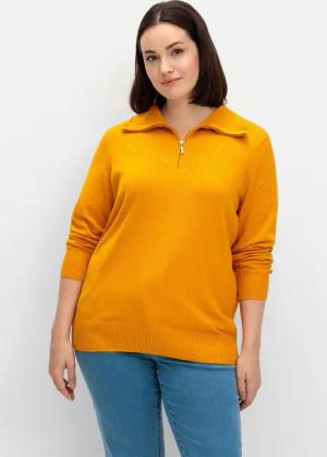 Sheego Pullover mit Troyerkragen und Reißverschluss, ocker, Gr.48