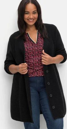 Sheego Longstrickjacke im Strukturmix, mit V-Ausschnitt, schwarz, Gr.48/50