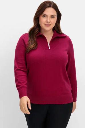 Sheego Pullover mit Troyerkragen und Reißverschluss, weinrot, Gr.40