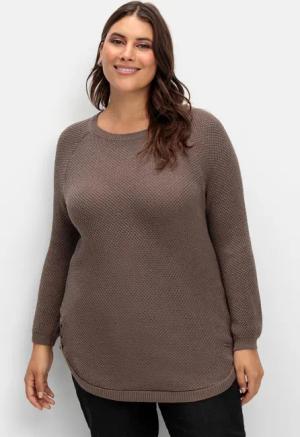 Sheego Pullover im Strukturstrick, mit Zierknöpfen seitlich, dunkeltaupe, Gr.48