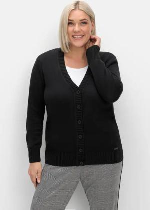 Sheego Strickjacke mit V-Ausschnitt und Knöpfen, tailliert, schwarz, Gr.44