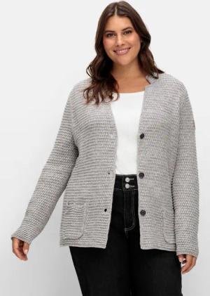 Sheego Grobstrickjacke mit Stehkragen und Taschen, steingrau meliert, Gr.44
