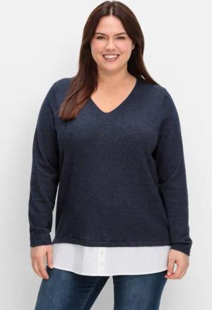 Sheego Pullover im Lagenlook, mit Blusenbesatz, tiefblau meliert, Gr.44/46