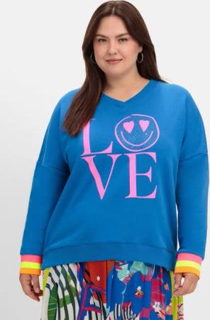Sheego Sweatshirt mit Frontdruck und Ringelbündchen, blau bedruckt, Gr.42