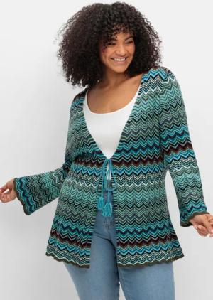 Sheego Strickjacke mit Trompetenärmeln, im Zickzackmuster, dunkeloliv gemustert, Gr.48/50