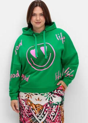 Sheego Kapuzensweatshirt mit Smiley-Druck und Glitzersteinen, dunkelgrün bedruckt, Gr.40