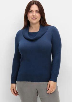 Sheego Pullover mit weitem Wasserfall-Rollkragen, marine, Gr.48