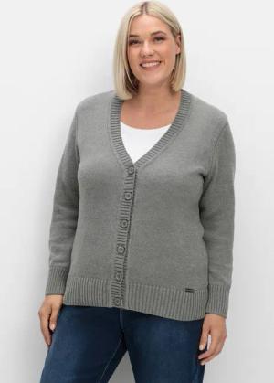 Sheego Strickjacke mit V-Ausschnitt und Knöpfen, tailliert, grau, Gr.46