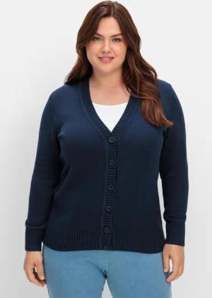 Sheego Strickjacke mit V-Ausschnitt und Knöpfen, tailliert, marine, Gr.48