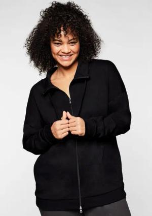 Sheego Shirtjacke mit Stehkragen und Bindeband, schwarz, Gr.40/42