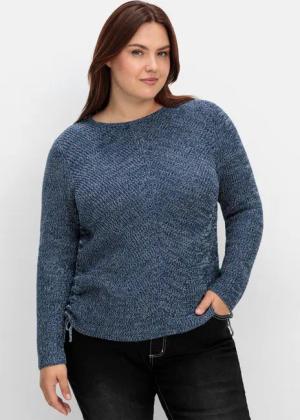 Sheego Strickpullover mit Rippmuster und Raffung seitlich, dunkelblau, Gr.44