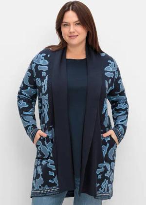 Sheego Strickjacke mit Jacquardmuster und Schalkragen, tiefblau gemustert, Gr.44/46