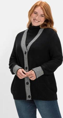 Sheego Strickjacke mit Kontrastdetails im Hahnentrittmuster, schwarz, Gr.48/50