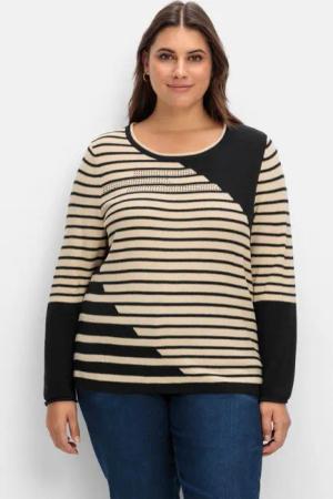 Sheego Pullover mit Streifenmuster und Ziersteinchen, schwarz gestreift, Gr.52